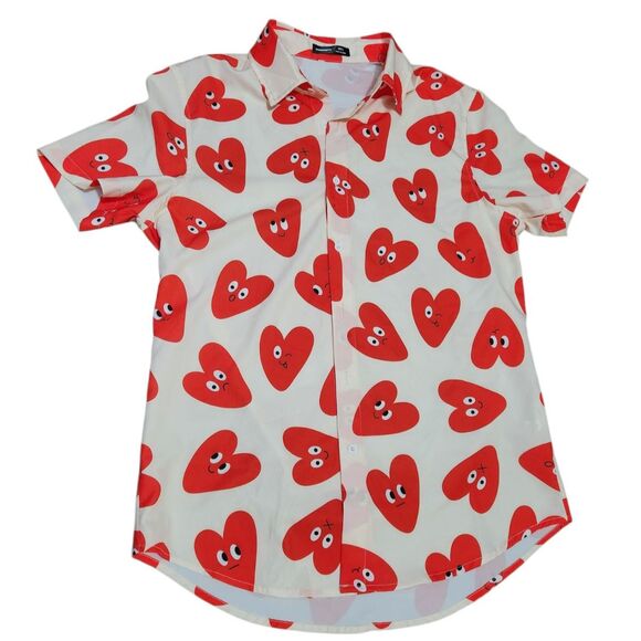 Manfinity Men's Slim Fit Love Print Revere Collar Short Sleeve Casual Shirt - Picture 1 of 3